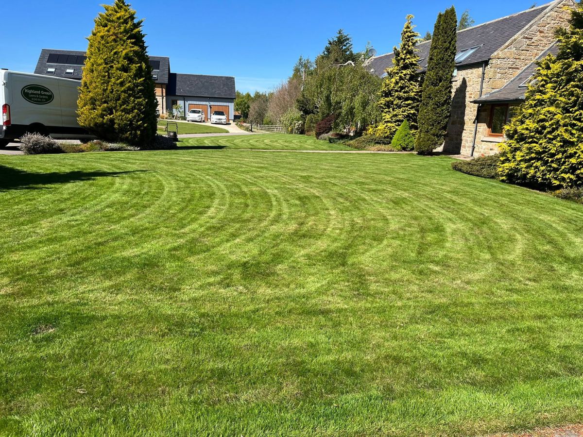 Lawn in Moray, Scotland after a fresh cut on the mowing programme